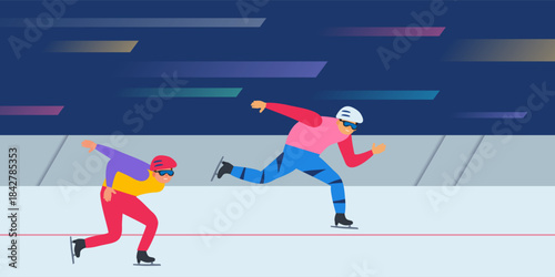 speed skating men athletes skaters ice rink winter sport competition vector illustration 