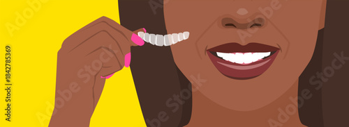smiling african american woman hand with ortodontic silicone invisible braces tooth correction vector illustration