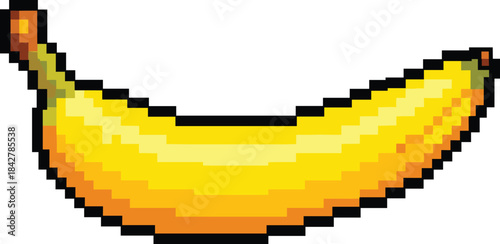 Pixel art banana illustration with retro 8-bit style, vibrant yellow fruit graphic for gaming, digital design, and creative projects
