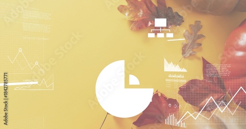 Displaying white pie-chart centered on mustard tabletop, showing line graphs, oak leaves, pumpkin
