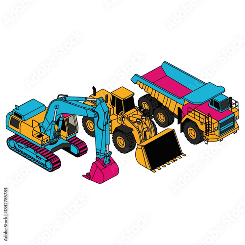 Collection of Construction Vehicles in Bright Colors.