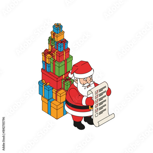 Santa Claus with Gift Stack and List.