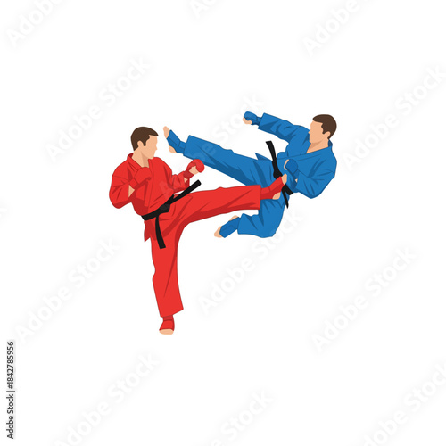 Two martial artists performing dynamic high kick.