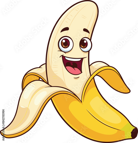 Cute happy cartoon banana character with peeled skin, smiling face and expressive eyes for fun food illustration designs
