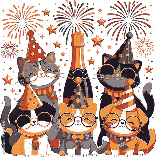 Three Cute Cats Celebrating New Year with Champagne Bottle and Fireworks Vector