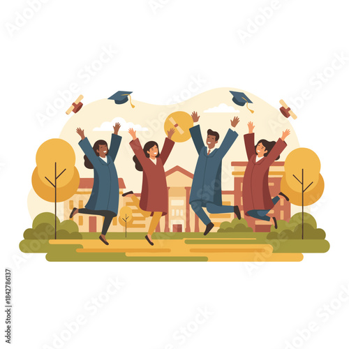 Group of joyful people jumping together outdoors.