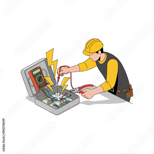 electrician at work inspecting wiring inside panel.