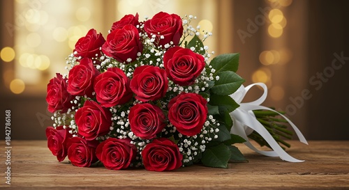 Vibrant Red Roses Bouquet with White Ribbon
