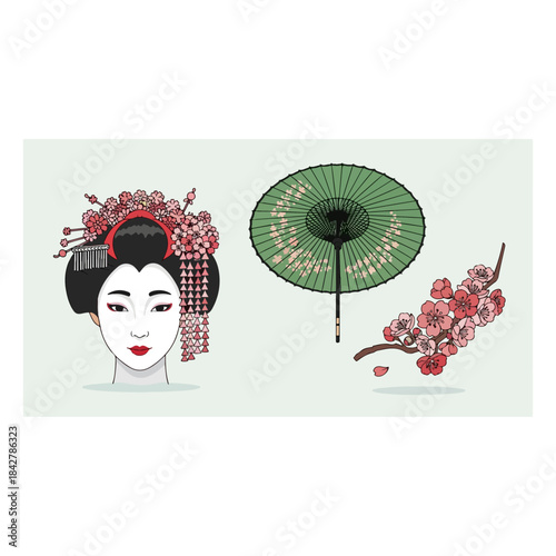 Japanese cultural elements featuring a geisha, umbrella, and cherry blossoms.