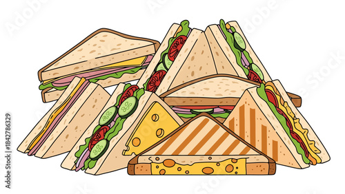 Delicious Stack of Freshly Made Sandwiches Variety of Fillings and Toasts