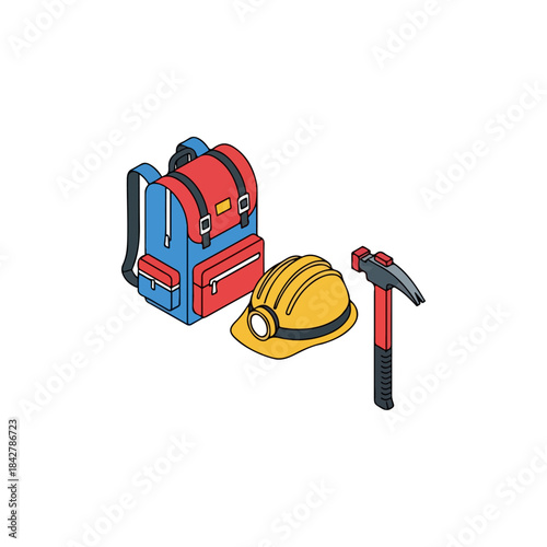 Construction Safety Gear Set With Backpack Helmet and Hammer.