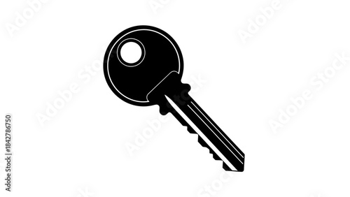 Black silhouette of a single house key with a hole on a white background