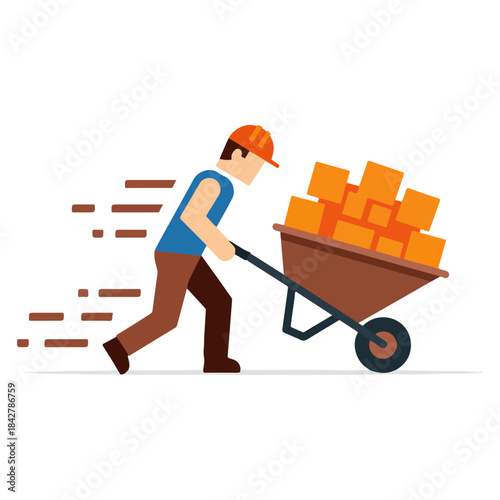Construction Worker Pushing Wheelbarrow with Boxes.