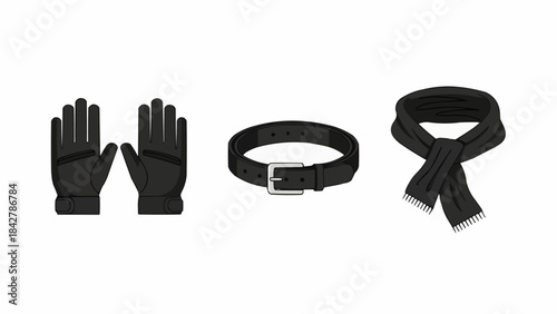 Black Gloves, Belt, and Scarf Set for Winter Fashion.