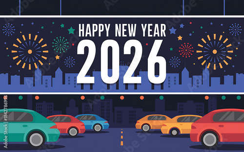Happy New Year 2026 City Celebration Flat Design Banner