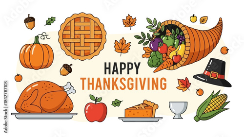 Happy Thanksgiving Traditional Autumn Harvest Symbols and Foods Flat Illustration