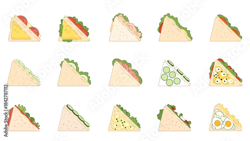 Variety of Delicious Triangle Sandwiches on White Background Fresh Ingredients Healthy Snack Ideas