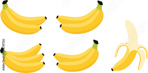 Fresh banana bunch illustrations with peeled banana in flat style for food, fruit, nutrition, market, and tropical design use