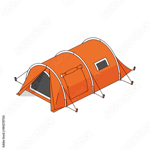 Orange camping tent pitched for outdoor camping.