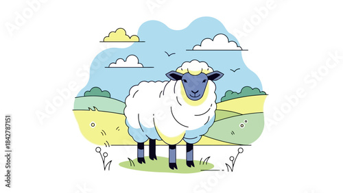 Stylized Sheep Standing in a Green Field Under a Blue Sky with Clouds