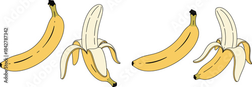 Set of whole and peeled banana illustrations for tropical fruit themes, healthy food designs, organic nutrition concepts, and fresh produce graphics