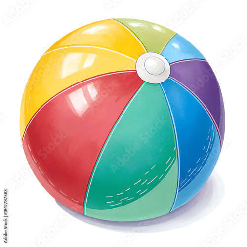 Colorful Inflatable Beach Ball with Glossy Panels and White Valve on White Background