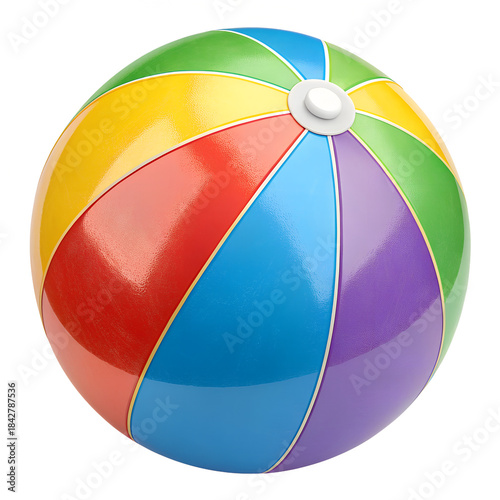 Colorful Inflatable Beach Ball with Glossy Panels and White Valve on White Background