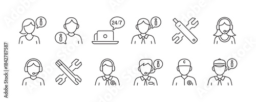 Set of line icons depicting people working with technology and tools