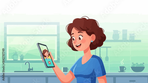 A smiling cartoon woman having a video call on her smartphone in a home kitchen setting.