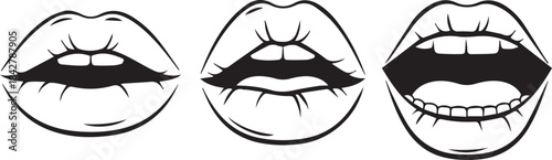 Illustrated Set of Lips Expressions in Black and White Style