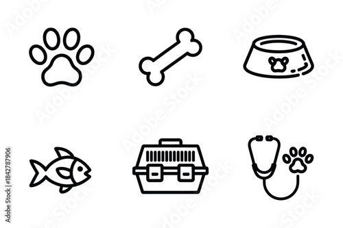Outline icons representing pet supplies, accessories, and veterinary care