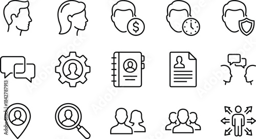 Human Resources and Business People Outline Icon Set, Featuring User Profiles, Teamwork, Communication, Hiring, and Location Pin for Corporate Concepts