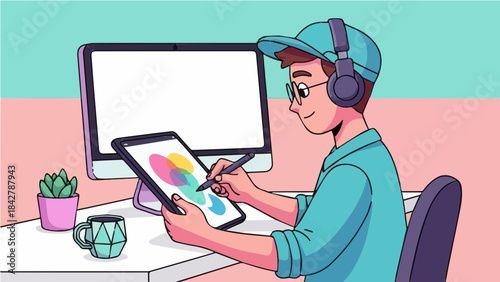 A young man with headphones and glasses drawing on a digital tablet with a stylus, sitting at a desk with a computer monitor.