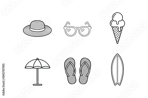 A set of simple line art icons representing essential items for summer and beach activities