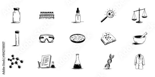 Science And Laboratory Equipment Doodle Sketch Set. Chemistry, Biology, And Research Tools In Hand Drawn Style Collection. Educational And Scientific Illustration. Isolated Vector Illustration