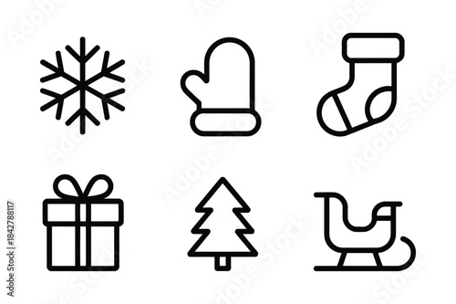 A collection of minimalist christmas and winter holiday line art icons