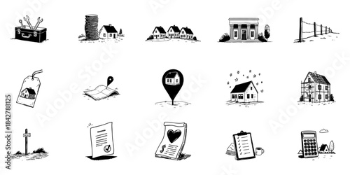 Real Estate And Property Management Doodle Sketch Set. Home Buying, Selling, Renovation In Hand Drawn Style Collection. Mortgage, Investment, Location Icons. Isolated Vector Illustration