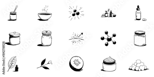 Skincare And Beauty Products Doodle Sketch Set. Natural Ingredients And Cosmetic Formulations In Hand Drawn Style Collection. Organic Beauty And Wellness. Hand Drawn Isolated Vector Illustration