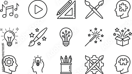 Creativity, Idea, and Innovation Outline Icon Set, Featuring Lightbulb, Paintbrush, Music Notes, Puzzle, Fireworks, and Gear for Art and Design Concepts
