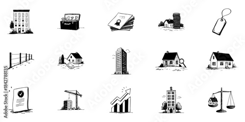 Real Estate And Property Management Doodle Sketch Set. Housing Market, Construction, Investment In Hand Drawn Style Collection. Buildings, Tools, And Financial Symbols. Isolated Vector Illustration