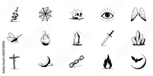 Mystical And Gothic Symbol Doodle Sketch Set. Enigmatic And Supernatural Elements In Hand Drawn Style Collection. Includes Sword, Skull, Eye, Wings, And More. Isolated Vector Illustration