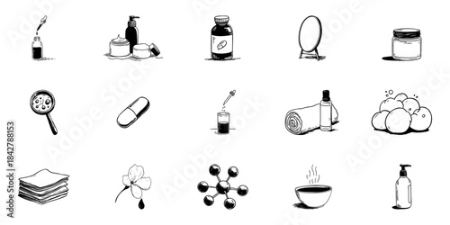 Skincare And Wellness Doodle Sketch Set. Beauty Products, Self-Care, And Relaxation Essentials In Hand Drawn Style Collection. Personal Care And Hygiene. Hand Drawn Isolated Vector Illustration