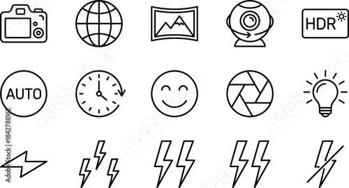 Photography and Digital Camera Settings Outline Icon Set, Featuring Flash, Shutter, Lightbulb, HDR, Global Network, and Time Lapse for Visual Media