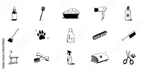 Pet Grooming Tools And Accessories Doodle Sketch Set. Comprehensive Pet Care And Hygiene Essentials In Hand Drawn Style Collection. Isolated Vector Illustration