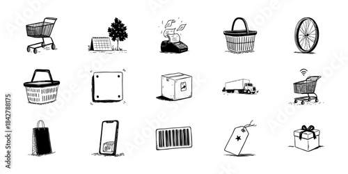 Shopping And Retail Elements Doodle Sketch Set. E-Commerce, Logistics, And Consumer Goods In Hand Drawn Style Collection. Includes Cart, Basket, Barcode, Delivery. Isolated Vector Illustration