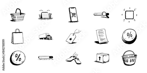 Shopping And E-Commerce Icon Doodle Sketch Set. Retail, Online Shopping, And Delivery Elements In Hand Drawn Style Collection. Basket, Calendar, Smartphone, And More. Isolated Vector Illustration