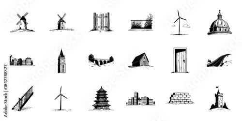 Windmills, Architecture, And Infrastructure Doodle Sketch Set. Historical And Modern Structures In Hand Drawn Style Collection. Cultural Heritage And Urban Development. Isolated Vector Illustration
