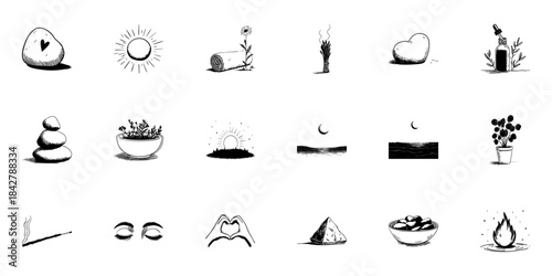 Heart, Nature, And Wellness Doodle Sketch Set. Holistic Healing, Mindfulness, And Natural Elements In Hand Drawn Style Collection. Spiritual And Relaxation Symbols. Isolated Vector Illustration