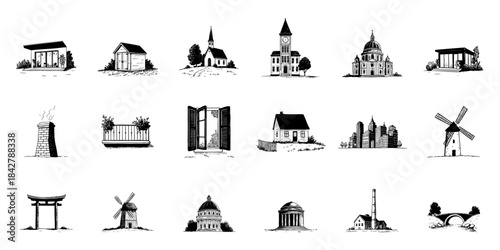 Architectural Landmarks And Structures Doodle Sketch Set. Diverse Building Styles And Cultural Icons In Hand Drawn Style Collection. Urban And Rural Architecture. Isolated Vector Illustration