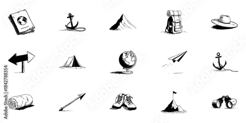 Travel And Adventure Icon Doodle Sketch Set. Exploration, Navigation, And Outdoor Activities In Hand Drawn Style Collection. Camping, Hiking, And Global Travel Symbols. Isolated Vector Illustration